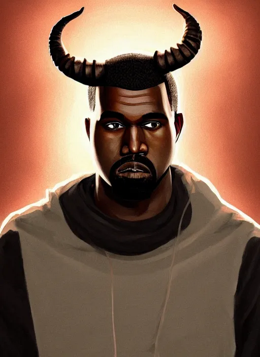 Image similar to a portrait of kanye west as a male tiefling warrior with!!! only two!!! large curved horns, intricate, tone mapped, ambient lighting, highly detailed, digital painting, artstation, concept art, 4 k, god rays, stunning beautiful, glowing eyes, sharp focus, by makoto shinkai and akihiko yoshida and hidari and wlop