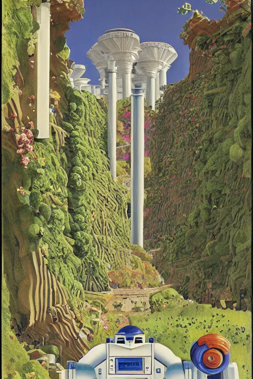 Image similar to mecha robot, hanging gardens of babylon, temple of artemis at ephesus, waterfalls, blooming hills with spring flowers and pillars by helen lundeberg