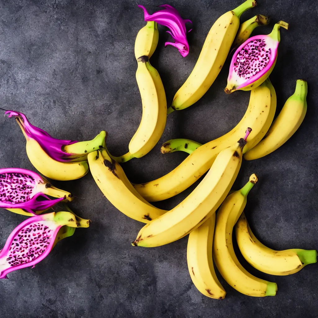 Image similar to banana that resembles dragon fruit, hyper real, food photography, high quality