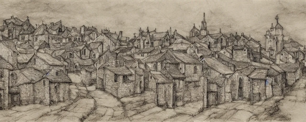 Prompt: medieval village with five houses and a lot of farms, detailed sketch by John Howe and Alan Lee-H 768