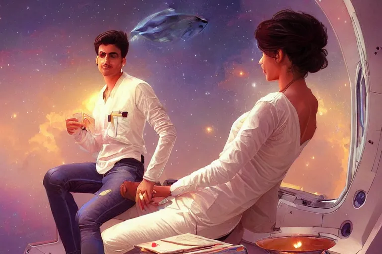 Image similar to Sensual good looking pale young Indian doctors wearing jeans in a space station above Earth, portrait, elegant, intricate, digital painting, artstation, concept art, smooth, sharp focus, illustration, art by artgerm and greg rutkowski and alphonse mucha