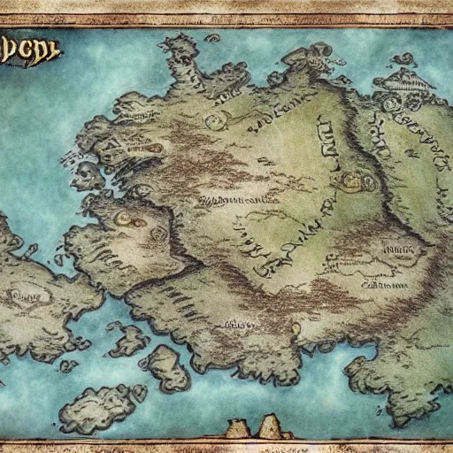 Prompt: map of fantasy world, 8 k quality, tolkien style