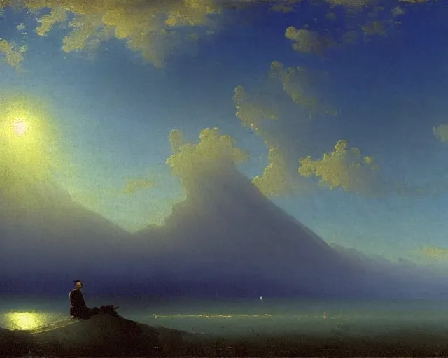 Image similar to A slightly silhouetted figure of a man with a guitar, clouds that look like mountains the clouds are a deep blue purple color with the sun blazing behind the clouds, art by Ivan Aivazovsky