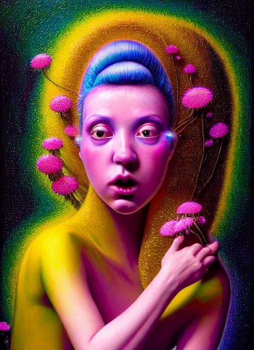 Image similar to hyper detailed 3d render like a chiariscuro Oil painting - Aurora (Singer) looking adorable and seen in dynamic pose joyfully Eating of the Strangling network of yellowcake aerochrome and milky Fruit and Her delicate Hands hold of gossamer polyp blossoms bring iridescent fungal flowers whose spores black the foolish stars to her smirking mouth by Jacek Yerka, Mariusz Lewandowski, Houdini algorithmic generative render, Abstract brush strokes, Masterpiece, Edward Hopper and James Gilleard, Zdzislaw Beksinski, Mark Ryden, Wolfgang Lettl, hints of Yayoi Kasuma, octane render, 8k