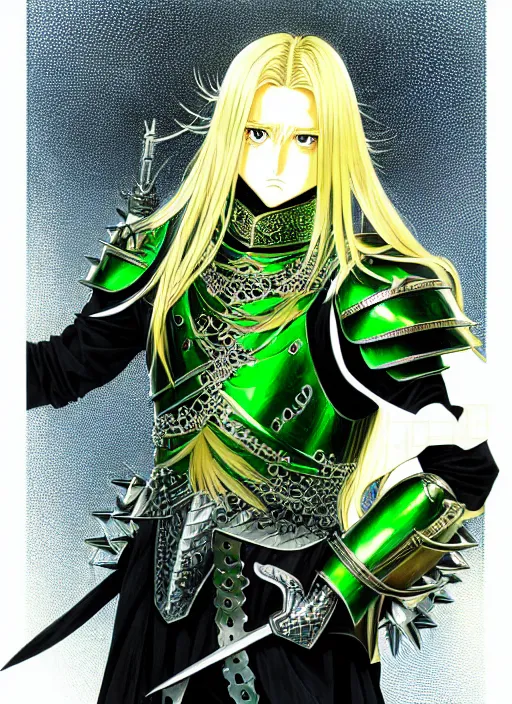 Image similar to a detailed manga full body portrait illustration of a man with long blonde hair and blue eyes wearing evil green spiked armour by hirohiko araki and alphonse mucha, detailed artwork, realism, 4 k resolution, detailed, high quality, sharp focus, hq artwork, insane detail, volumetric lighting, character concept art, fine details, clear subject, central subject