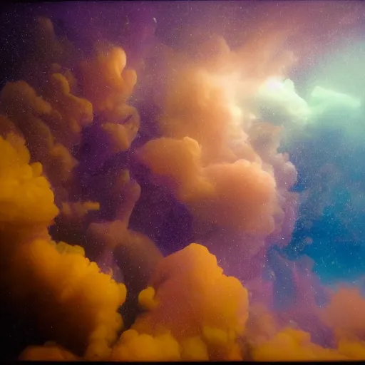 Image similar to film photography of a sprawling wooden space station amongst colourful underwater clouds by Kim Keever, low shutter speed, 35mm