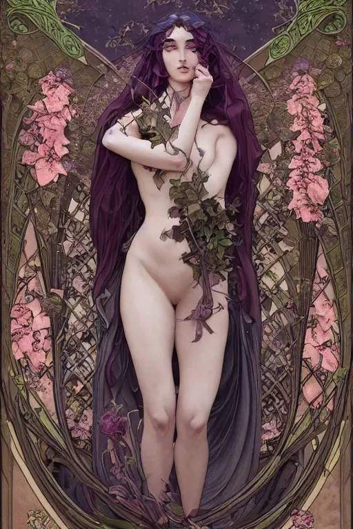 Image similar to Art Nouveau Lilith Queen of the moon, Lush Garden Leaves and Flowers, Sensual esoteric woman in a manga cover style, full body image, headshot, D&D, fantasy, highly detailed, digital painting, artstation, concept art, sharp focus, illustration, art by artgerm and greg rutkowski and alphonse mucha