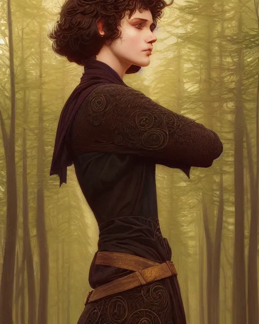 Image similar to symmetry portrait of welsh brunette witch student in mans tunic, tomboy, short hair, forest, intricate, elegant, highly detailed, digital painting, artstation, concept art, smooth, sharp focus, illustration, art by artgerm and greg rutkowski and fra angelico and alphons mucha