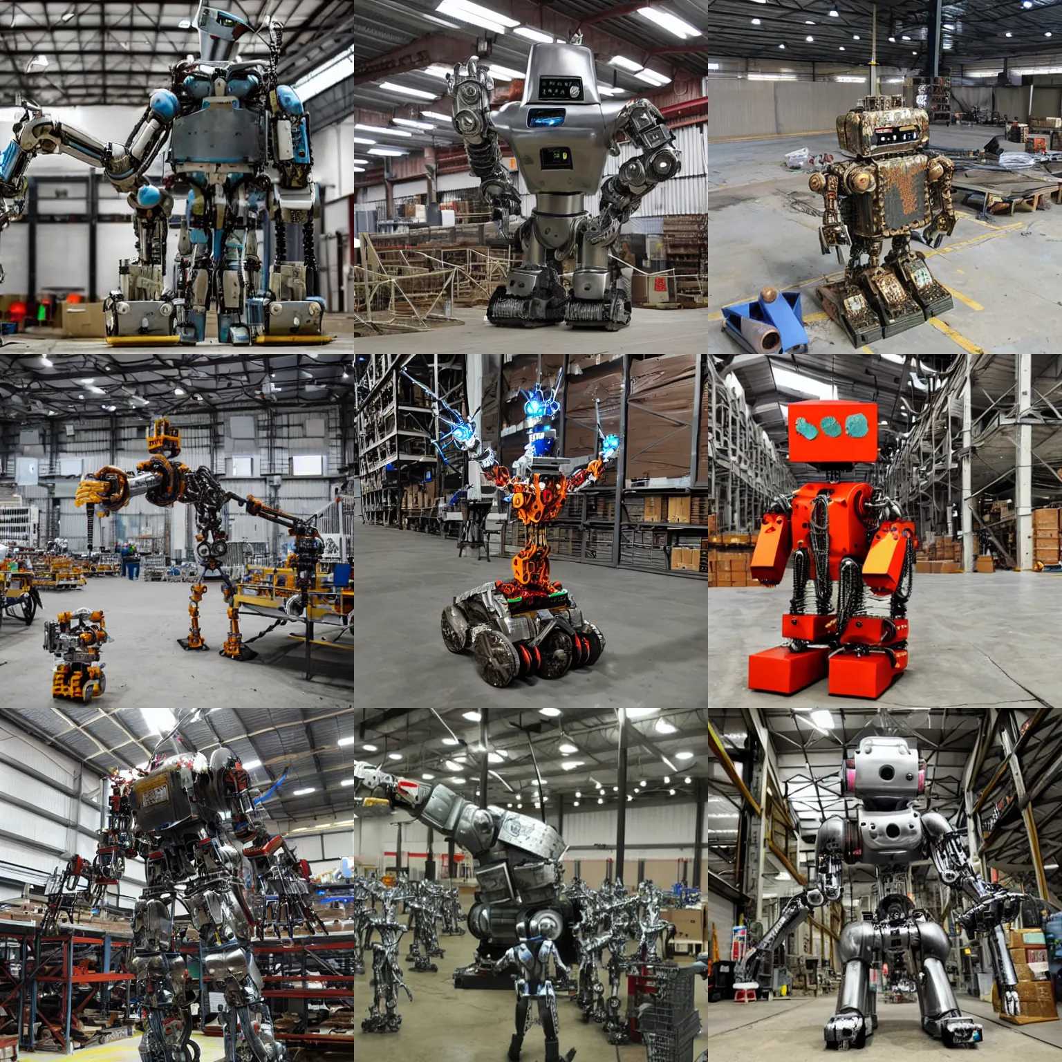 Prompt: crazy robot mad scientist building robot warriors in a huge, stereotypically rusty warehouse