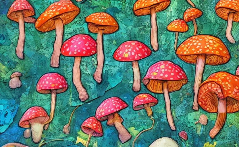 Prompt: hyperdetailed mushrooms, seen from the distance at night. in a wood made of paper and unexpected interesting fabric elements. 8 x 1 6 k hd mixed media 3 d collage in the style of a childrenbook illustration in pastel neon tones. shiny matte background no frame hd