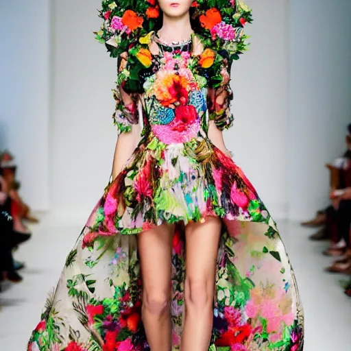 Prompt: beautiful model wearing valentino 2 0 1 4 cyber floral patterned layered dress fashion outfit, jeweled headpiece mystical crown, bright ruins environment background overgrown with flowers