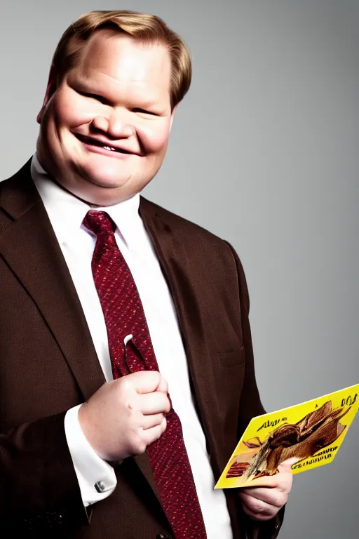 Image similar to andy richter wearing a brown suit and necktie, ultra hd photo, 3 5 mm close up, fish eye, realistic, smiling, holding a postcard from chicago,