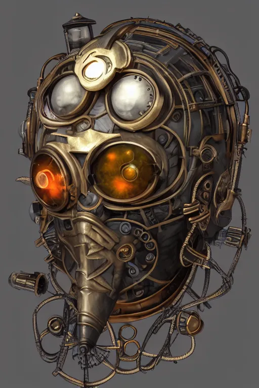 Image similar to steampunk mask minimalist fantasy art robot ninja helmet, global illumination ray tracing hdr fanart arstation by sung choi and eric pfeiffer and gabriel garza and casper konefal radiating a glowing aura