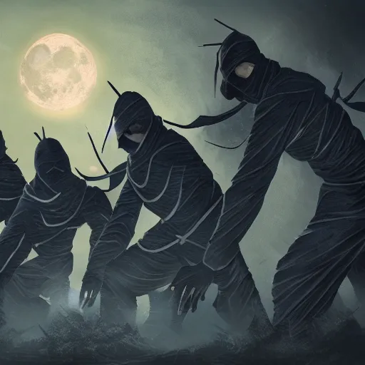 Image similar to a group of mysterious ninjas at the base of a crumbling wall, moonlight, concept art, ultra high definition, matte