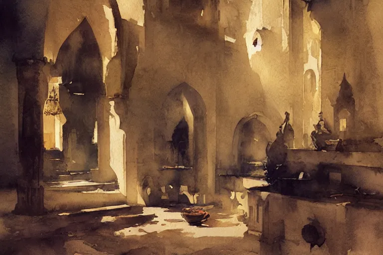 Prompt: abstract watercolor painting of spanish arabian lord house interior, in stone, magical and traditional, cinematic light, national romanticism by anders zorn, by greg rutkowski, by greg manchess