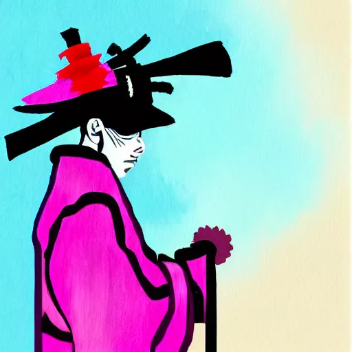 Image similar to a dramatic digital painting of a samurai with a pink birthday hat