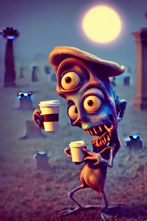 Image similar to a funny zombie character with big eyes holding a cup of coffee on a cemetery at night. pixar disney 4 k 3 d render movie oscar winning trending on artstation and behance. ratatouille style.