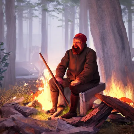 Prompt: Trader, holding a walking stick, sitting by a fire, digital art, 4k, high quality render, trending on artstation, unreal engine