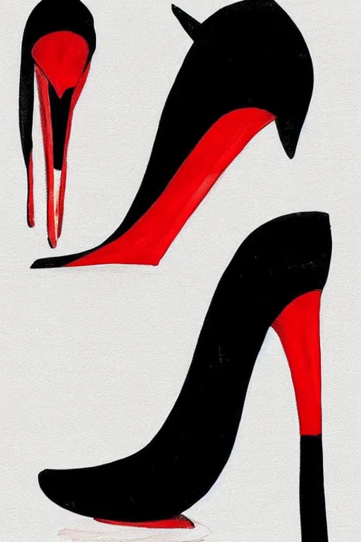 Image similar to black high heels with red bottoms, illustration, high fashion, wall art, elegant, japanese art style,