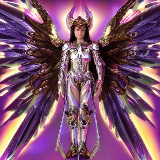 Image similar to a photo of 8 k hyper realistic, octane render archangel with white iridescent wings, full body, intricate purple and yellow neon armor, ornate, standing on front of huge megastructure red doors of heaven, with sword of fire, magical atmosphere, cinematic lighting, trending on artstation, 4 k, hyperrealistic, focused, high details, unreal engine 5