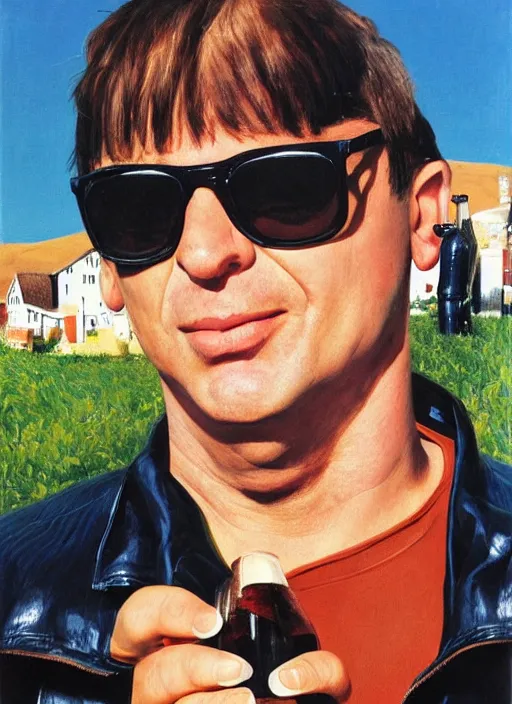 Image similar to head and shoulders portrait of shaun ryder in a leather spacesuit drinking moretti birra friulana in the sun , by normal rockwell