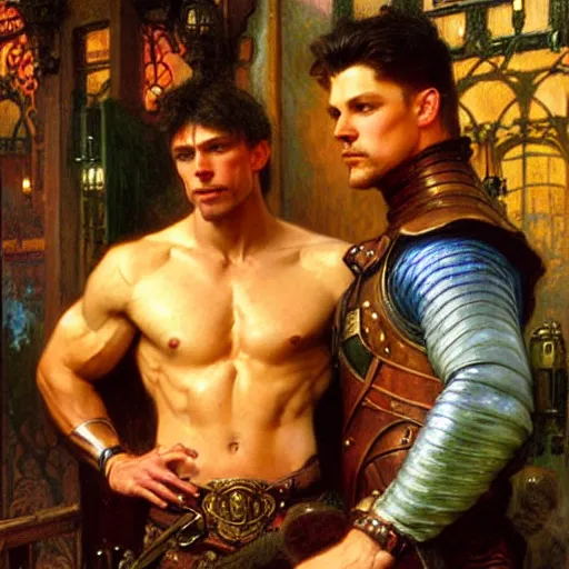 Image similar to attractive muscular arthur pendragon and muscular attractive merlin go to a pub together to have some drinks. highly detailed painting by gaston bussiere, craig mullins, j. c. leyendecker, alphonse mucha 8 k