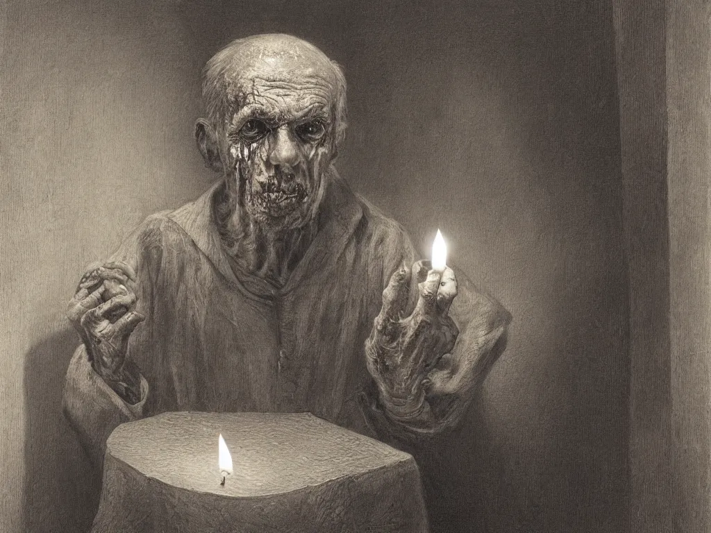 Prompt: Expressive portrait of an elderly zombie. Candlelight. Painting by Gustave Dore, August Sander