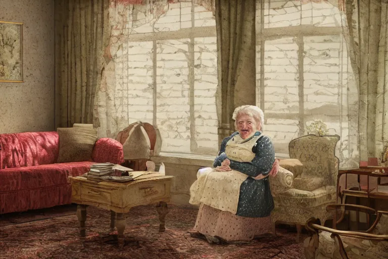 Image similar to charming and chubby old lady, wearing a polka dot cloths and a victorian - style hairdo, lye on the fancy sofa, in the large and bright studio. sunlight enters through the barred window. delicate watercolor and pencil on canvas. beautiful lighting, 4 k post - processing, highly detailed, 5 k extremely detailed, 3 d. cinematic scene.