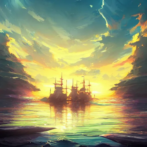 Image similar to two large pirates ship floating on top of a body of water at sunset, fighting each other, pirates flag , cgsociety, fantasy art, 2d game art, concept art , ambient occlusion, bokeh, behance hd , concept art by Jesper Ejsing, by RHADS, Makoto Shinkai Cyril Rolando