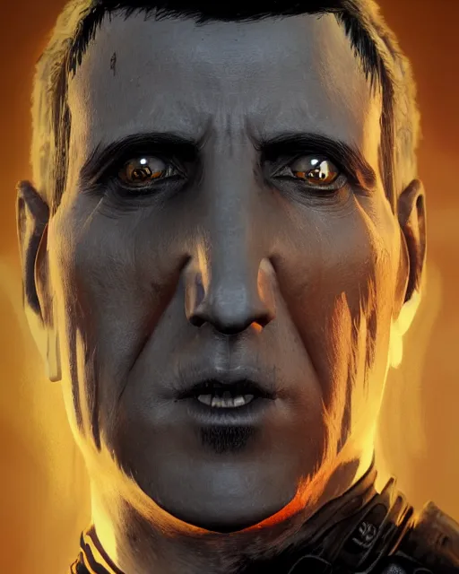 Image similar to An epic fantasy comic book style portrait painting of a very imposing Industrial goth Trent Reznor in Fallout 4 (Xbox One X), character design by Mark Ryden and Pixar and Hayao Miyazaki, unreal 5, DAZ, hyperrealistic, octane render, cosplay, RPG portrait, dynamic lighting, intricate detail, cinematic 4K