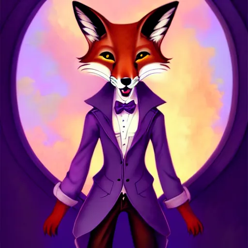 Image similar to don bluth, loish, artgerm, steampunk, clockpunk anthropomorphic fox girl, purple vest, smiling, symmetrical eyes symmetrical face, colorful animation forest background