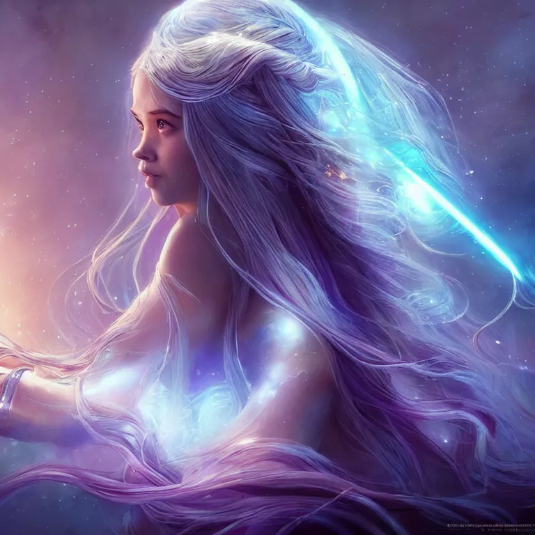 Image similar to beautiful cinematic fantasy poster, a long shot of a beautiful princess like a disney princess hybrid with flowing illuminated hair, beautiful glowing galaxy eyes, full subject in frame, wideshot ultrawide angle epic scale, hybrid from The Elden Ring and art direction by Darius Zawadzki ;by artgerm; wayne reynolds art station; cinematic quality character render; low angle; ultra high quality model; production quality cinema model;