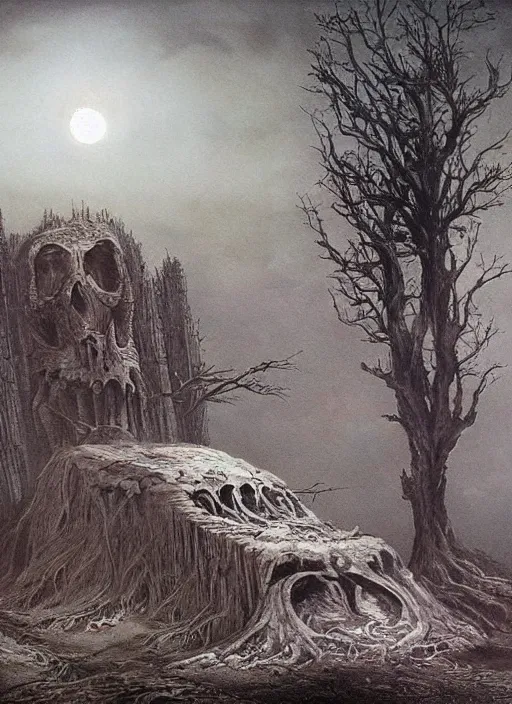 Image similar to a dramatic matte painting of The Tomb in the dystopian landscape is opening through the ground, the dead has arisen under the glowing moon, dead trees and a brooding landscape by Giger and Dariusz Zawadzki and Beksinski