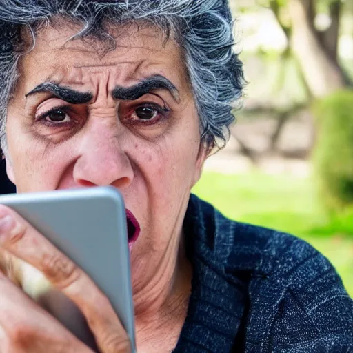 Image similar to astonished and angry middle aged lady looking at smartphone, uncombed hair, greek ethnicity, persian face structure, straight grey hair, angry eyes, photo, realistic, outdoor lighting, 4 k, 8 k, hd, 3 9 mm lens