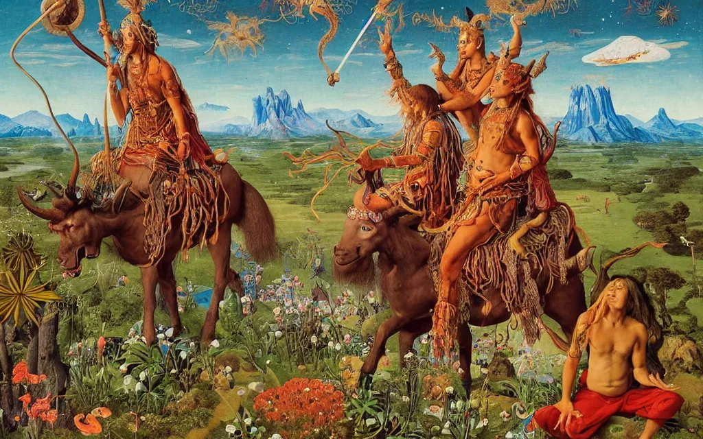 Prompt: a portrait photograph of a meditating shaman and a centaur monk riding a dragon and hunting at a river delta. surrounded by bulbous flowers and trees. mountain range under a blue sky of fiery stars. by jan van eyck, max ernst, ernst haeckel, ernst fuchs and artgerm, cgsociety, fashion editorial, 8 k