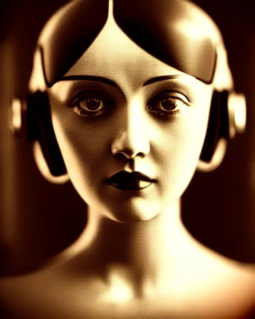 Prompt: tintype dreamy young beautiful female artificial intelligence, metropolis, cinematic, rim light, bokeh, photo - realistic, elegant, high detail, 8 k, masterpiece, photo taken in 1 9 3 0