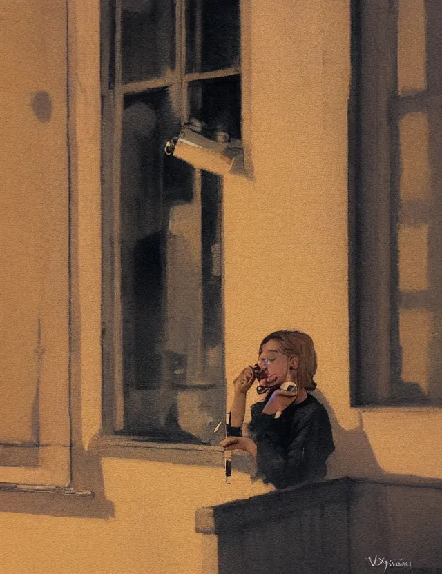 Prompt: outside the window view of woman smoking a cigarette in a window, golden hour, bleach bypass, warm tones, beige colors, sunlight, digital 2 d, polaroid, high - key lighting, by lisa yuskavage, by serov valentin, by krenz cushart