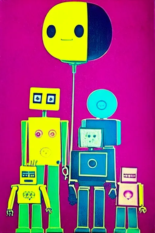 Image similar to ( ( ( ( ( a robot family in the forest garden with soap bubbles, pop art ) ) ) ) ) by andy warhol and bill sienkiewicz!!!!!!!!!!!!!!!!!!!!!!!!!!!!!!