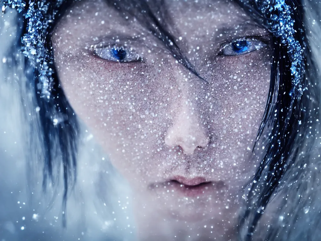 Image similar to the piercing blue eyed stare of yuki onna reaching out to you, freezing blue skin glinting and glittering, blizzard in the mountains, bokeh, captured on canon eos r 6, asymmetric, rule of thirds