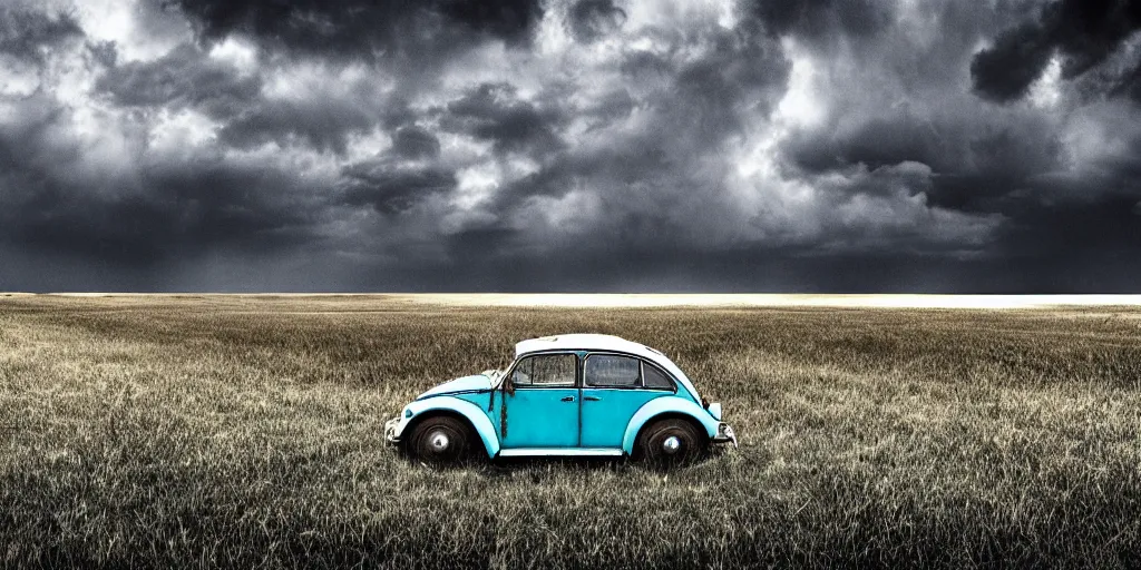 Image similar to a lonely rusty cyan VW Beetle in a vacant field, wide angle, thunderstorm, panorama, detailed digital art