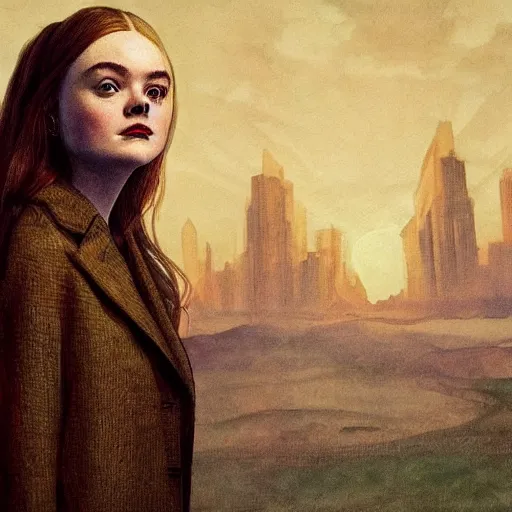 Image similar to Elle Fanning, head and shoulders masterpiece, apocalypse, golden hour, cosmic horror, artstation, in the style of Renaissance and Edward Hopper and Bosch, extremely detailed