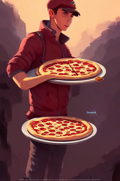 Image similar to greg rutkowski travel poster futuristic pizza delivery boy