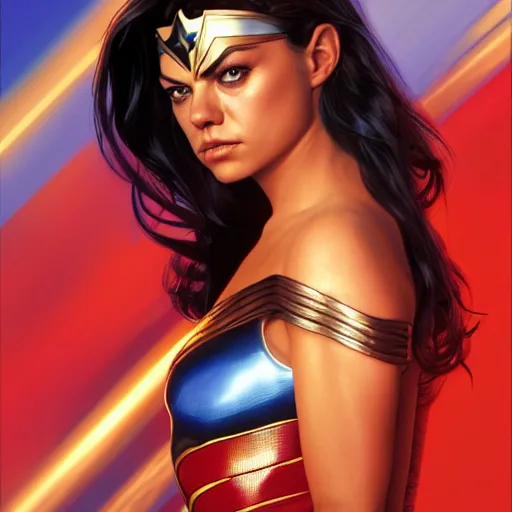 Prompt: Mila Kunis as Wonderwoman art by Alex Ross hyperreal octane render deviantart