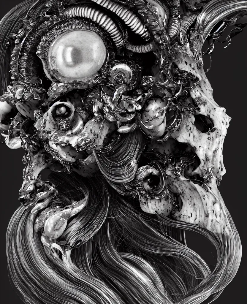 Image similar to goddess princess face close-up portrait ram skull. sculpture made of black and dichroic. jellyfish phoenix head, nautilus, orchid, skull, betta fish, bioluminiscent creatures, intricate artwork by Tooth Wu and wlop and beeple. octane render, trending on artstation, greg rutkowski very coherent symmetrical artwork. cinematic, hyper realism, high detail, octane render, 8k