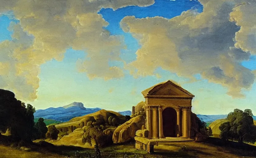 Prompt: an oil painting of a tomb with an intricately detailed door, hills in the background, inspired by nicolas poussin, inspired by guercino, in the style of french baroque, insanely detailed, mysterious mood