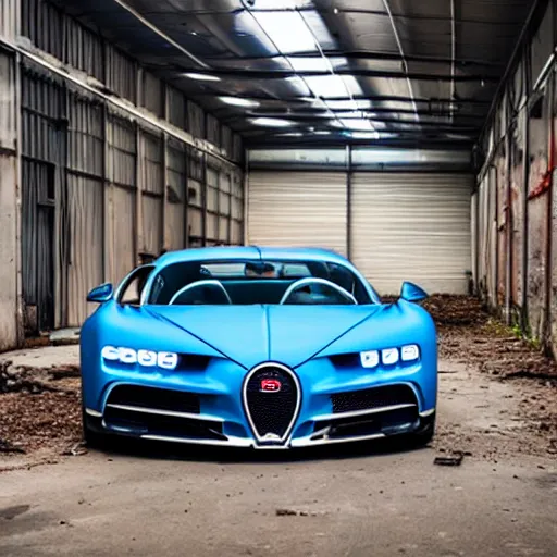 Image similar to an abandoned, derelict, ( really rusty ) bugatti chiron in a dirty warehouse