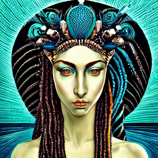 Prompt: sandro botticelli portrait of egyptian sumerian goddess princess intergalactica, nautical siren, queen of heaven, techno mystic goddess, with aqua neon dreadlocks, teal eyebrows encrusted with diamonds, wearing iris van herpen haute couture, star - gate of futurisma,
