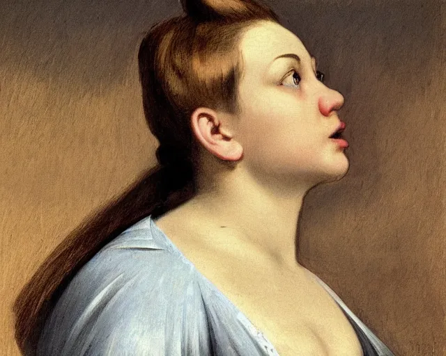 Image similar to colored portrait. the same style. a very unique profile, seen from the side, medium shot. fat face, a straight and long nose, and huge prominent eyes. she is singing to the sun. old photograph. sharp image. academicism, highly detailed, color harmony, art station, ornate, caravaggio style. old photography