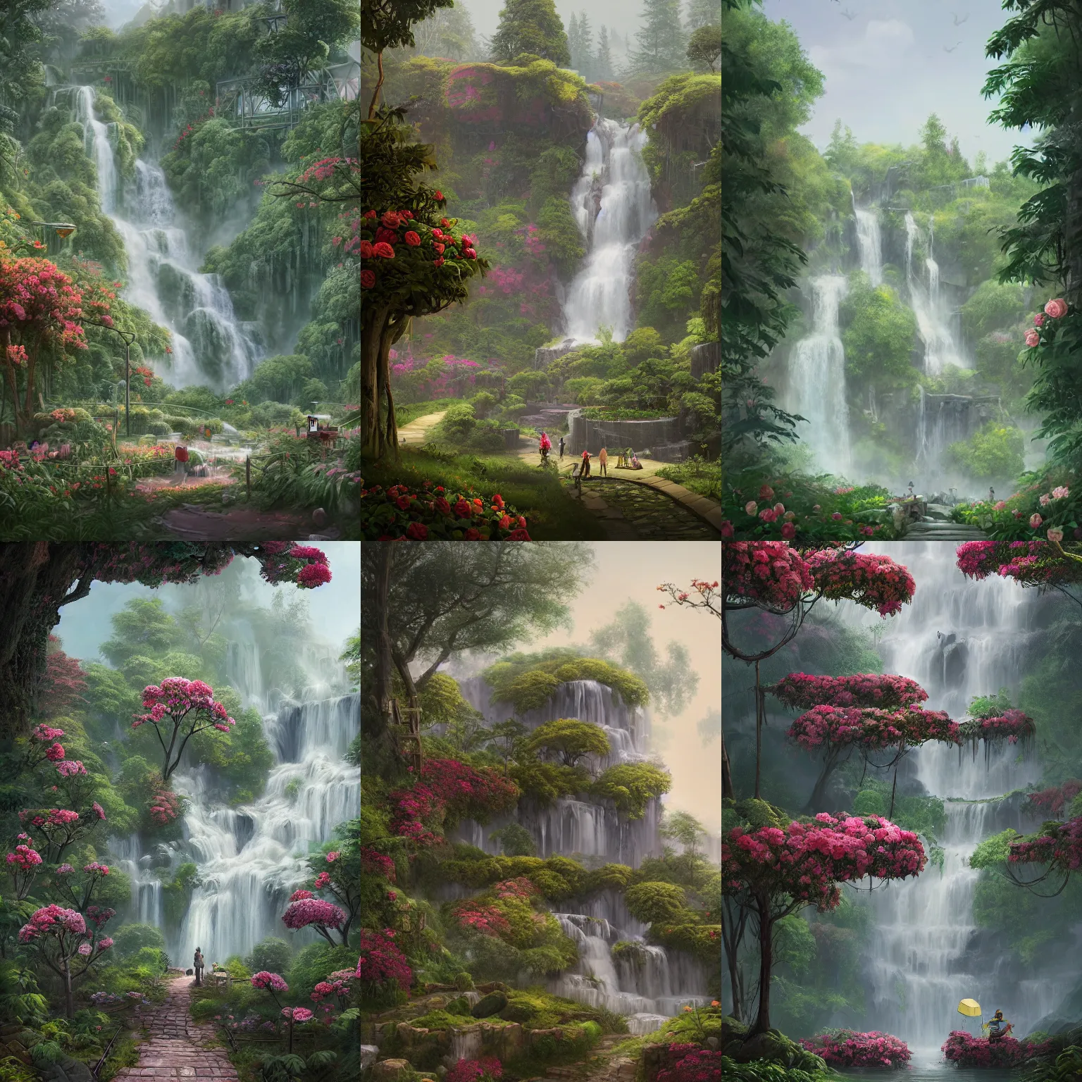 Prompt: a manicured garden matte painting with roses, trees, and a waterfall abandoned for 1 0 years art station, digital art, simon stalenhag