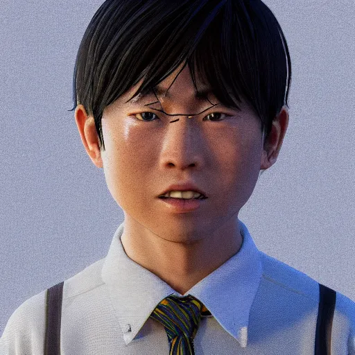 Prompt: japanese middle school boy standing in front of his home in san fransokyo, close up portrait photo, hyper detailed, digital art, trending on artstation, cinematic lighting, studio quality, smooth render, unreal engine, octane render, photorealistic, atmospheric
